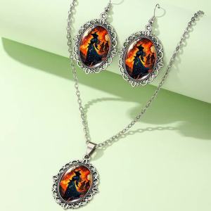 3 Pcs Vintage Witch Oval Glass Jewelry Set Antique Silver Necklace Dangle Earrings Gothic Halloween Gift For Women