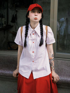 Áo Sơ Mi Nữ Tay Ngắn Mùa Hè Mới Nơ Thắt Nơ Dáng Rộng Miu Ngọt Ngào Áo Sơ Mi Cổ Polo Họa Tiết Sọc