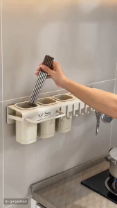 Nipiin Utensils Rack Organizer Carbon Steel Shelf Knife Slots Cutlery with Hooks No Drill Knife Rack Space Saver