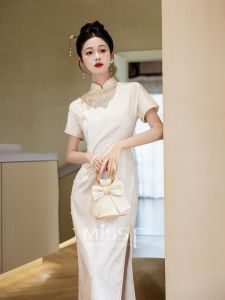 Silk Cheongsam Embroidered Butterfly Pattern Handmade Button New Chinese Style Engagement Gown Long Slit Short Sleeve Floral Design