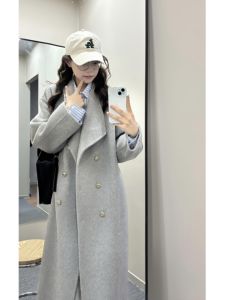 Áo Khoác Len Dày Màu Xám Độc Đáo Cho Nữ Mùa Đông 2025 Áo Khoác Ngoài Dài Vừa Phải Có Nút Cài Hai Hàng Dài Tay Áo Khoác Ngoài