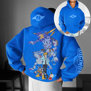 Bandai | Digimon Anime Cotton Hoodie Blue Color Character Print with Tai Agumon Gabumon Group Dynamic Pose Multi Color Back Design