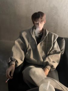 Cấu Trúc Hạng Nặng Miếng Lót Vai Cleanfit Nam Mùa Xuân Mùa Thu Khóa Kéo Áo Khoác Cardigan Có Mũ Giả Hai Mảnh Mỹ Retro Áo Khoác