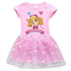 Summer Paw Patrol Skye Star Moon Cartoon Lace Hem Princess Gauze Dress Girls Short Sleeve A-line Dress Kids Clothing