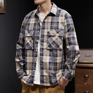Shirt Coat Men American Handsome Retro Gingham Long-Sleeved Shirt Spring and Autumn British Leisure Cargo Shirt