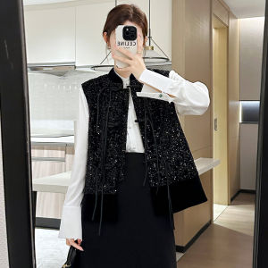 New 2025 Chinese Style Short Velvet Tank Top Womens New Style Buttonless Sleeveless Vest Black Outerwear Sparkling Sequins