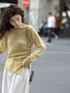 Yellow Knitted Long Sleeve round Neck Drawstring Hem Asymmetrical Design Commute Style Womens Top Early Autumn New Arrival