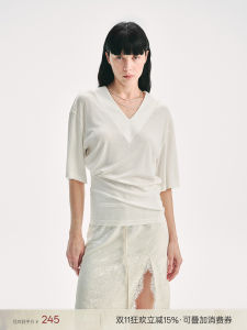 Loose Shoulder V-Neck T-Shirt Pleated Silk Lyocell Blend Casual Style Pure Color Summer Top for Women by Fu Zhen