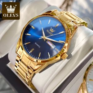 OLEVS Watch For Men Gold Original Waterproof Business Relo for Man Quartz Watches Stainless Black Face Luminous Dual Calendar Authentic【COD】