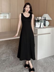 Womens Vest Dress Summer New Long A-Line Mini Dress Slimming Base Layer Skirt Korean Style round Neck High Waist No Sleeve