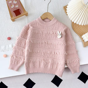 Gấu lãnh đạo 4-8 năm Cô gái của áo len Tops trẻ em giản dị quần áo thỏ trang trí Áo chui đầu tua rua dệt kim phiên bản Hàn Quốc quần áo rộng mùa thu quần áo mùa đông ấm áp