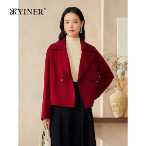 Spring Red Wool and Cashmere Detachable Knit Collar Coat