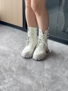 Falimottype)Size35-40 womens new thick soled buckle patent leather short tube womens boots handsome willow nail lace up back zipper motorcycle boots
