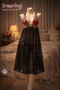 Elegant Black Sheer Nightwear with Red Floral Embroidery