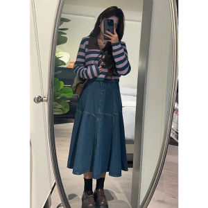High Waist plus Size Denim Skirt Womens A-Line Midi Length Cover Hip Slimming Fish Tail Skirt Spring Season French Style