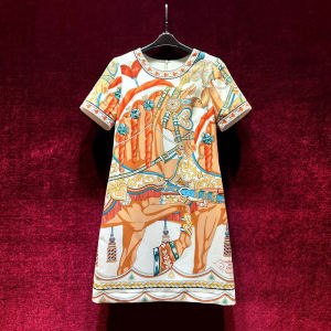 French Vintage Loose Waist Floral Print Short Sleeve Slimming Dress Summer 2025 New Style Casual round Neck Zipper A-Line Skirt