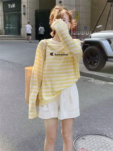 Lazy Style Womens Summer Long Sleeve T-Shirt Sun Protection Casual Loose Fit Thin Top Color Block Stripes Ins Trendy Streetwear