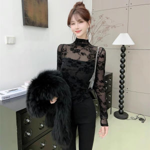 Just Kaka Womens Lace Base Shirt Half High Collar Light Maturity French Style Top Korean Version Slim Fit Winter Long Sleeve