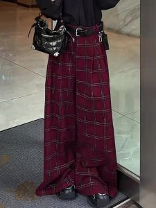 Fashionable High Waist Plaid Trousers Womens Autumn New Style Anoka Red Slimming Floor-Length Pants Commute Style plus Size