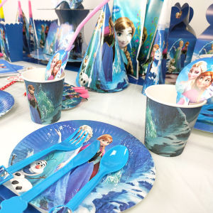 Frozen Elsa Theme Girl Birthday Party Decoration Tablecloth Paper Pallet Cup Paper Cap Hanging Flag Background Fabric Poster