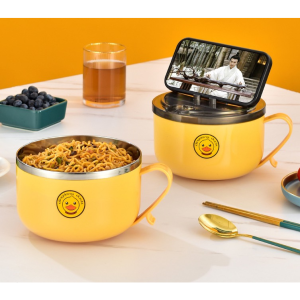 Ca mì Tô ăn mì Bát ăn mì inox 2 lớp có nắp đậy dung tích 1 lít họa tiết vịt vàng dễ thương