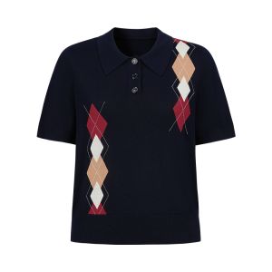 Juzi Annako Polo Neck Knitted Sweater Womens Autumn New Style Commute Soft Cotton Silk Blend Color Block Diamond Pattern