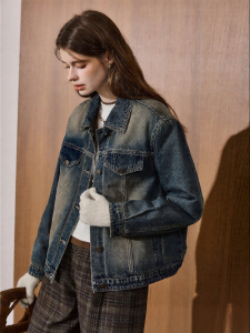KUHNMARVIN | Áo Khoác Jeans Xanh Vintage Rửa Nước Dày Dặn Tay Dài Ấm Áp Mùa Đông