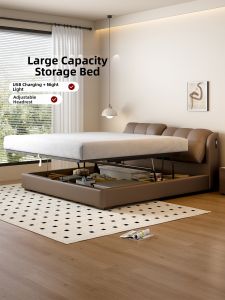 DELIANSHANGPIN | Adjustable Genuine Leather Upholstered Sliding Storage Double Bed