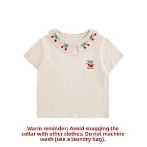 YOEHYAUL | Sweet Cherry Garden Heavy Embroidery Cool Summer Short Sleeve and Layered Mesh Skirt for Girls