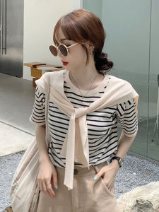 Áo Len Dệt Kim Kẻ Sọc Kiểu Pháp Thiết Kế Nhỏ Thanh Lịch Cho Nữ Mùa Hè 2025 Áo Khoác Ngoài Giả Hai Mảnh Áo Sơ Mi Cơ Bản Áo Khoác Ngoài