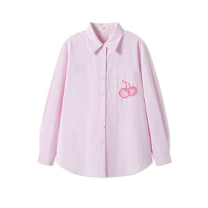 Korean Style Striped Embroidered Pink Casual Women Shirt