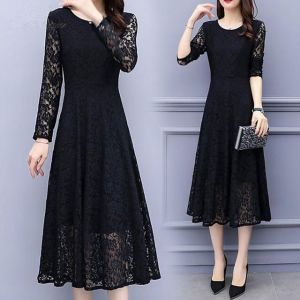 ชุดเดรสยาวปานกลางผ้าลูกไม้ฤดูใบไม้ผลิและฤดูร้อนสำหรับผู้หญิงไซส์ใหญ่ ชุดกระโปรงทรงเอสีพื้น แขนยาว คอหัวใจ ชุดเดรสยาวปานกลาง