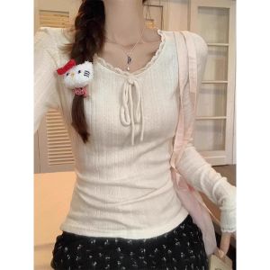 HUOLISI | Lace Edged Tie Textured Slim Design Underwear T-Shirt