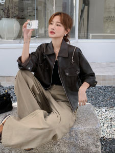 Slimming Tea Coffee Colored Biker Style Short Leather Jacket for Women Commute Friendly Fashionable Autumn New Arrival