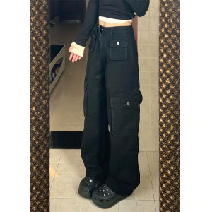 Quần Ống Rộng Dài Màu Đen Phong Cách Mỹ Cho Nữ Quần Dài Ống Đứng Nhiều Túi Quần Dài Thường Ngày Mùa Xuân Quần Jeans