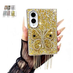 For Samsung Galaxy Z Fold8 Ultra/Z Fold8/Z Fold7/Z Fold6 Case Bling Glitter Diamond Butterfly with Chain Tassel Shockproof Protective Casing Luxury Sparkly Foldable Phone Cover for Women Gift