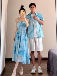 Seaside Vacation Style Couple Wear 2024 New Arrival Short Sleeve Printed Shirt Elegant Fancy Dress One Dress