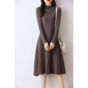 100% Pure Wool Knitted Dress Womens Midi Slim Fit Cashmere Full Skirt Half High Collar Long Sleeve Commute Style Solid Color