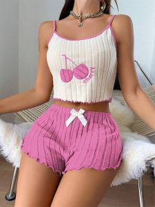 Summer New Cherry Pattern Contrast Color Home Clothes Home Fashion Cherry Print Teddy One Placed Toed Warming Short Suit Home