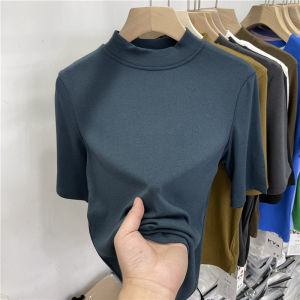 Slim Fit Korean Style T-Shirt Womens Spring Summer New Style Half High Collar Five Sleeve Mask Top Trendy Base Shirt