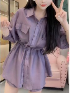 Summer 2025 New Style plus Size Loose Slimming Polo Neck Shirt Shorts Two Piece Set Elegant Fashion Womens Clothing Set