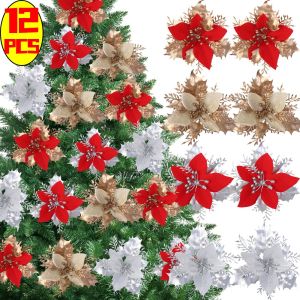 12ชิ้นผงทองจี้ดอกไม้ต้นไม้คริสต์มาสแขวนดอกไม้ประดิษฐ์สำหรับงานเลี้ยงคริสต์มาสปีใหม่อุปกรณ์ตกแต่งบ้าน