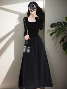 Black Hepburn Style Long Sleeve A-Line Maxi Dress Womens Casual Inner Wear Versatile High Waist Dress Autumn 2024 Collection