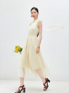 Vero Moda | Autumn Back Bow-Tied Stand Collar Ruffle Hem Sleeveless Chiffon Mid-Length Dress