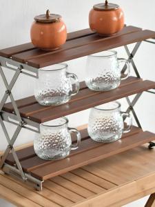 Outdoor Camping Real Wood Desktop Multi-layer Folding Storage Rack Coffee Cup Organizer No Installation Required