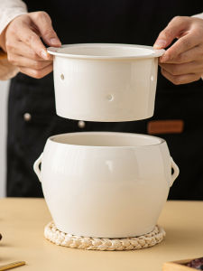 Pure White Ceramic Overflow Soup Stew Pot with Liner with Lid Overflow Tonic Soup Overflow Chicken Sauce Abalone Seafood Slow Cooker Large Capacity 1.7L