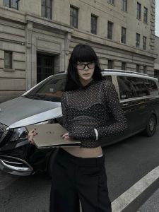 เสื้อเชิ้ตแขนยาวทรงเข้ารูปผู้หญิง FANPTNTOX ฤดูใบไม้ร่วง 2024 เสื้อเชิ้ตคอปกสั้นลายจุด ผ้าตาข่าย เสื้อเชิ้ตแฟชั่น