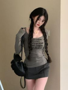 Slim Fit Long Sleeve T-Shirt Womens Fashionable Spicy Lazy Style Base Shirt Commute Style U-Neck Line Regular Sleeve T-Shirt