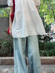 Áo Sơ Mi Tay Bồng Rộng Rãi Thêu Hoa Rỗng Mùa Hè Cỡ Lớn Phong Cách Pháp Cổ Tròn Tay Ngắn Màu Trơn Chất Liệu Khác