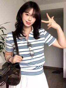 Slim Fit Striped Polo Shirt T-Shirt Women Summer Short Sleeve Classic Shoulder American Retro Top Trendy Cotton Moisture Wicking